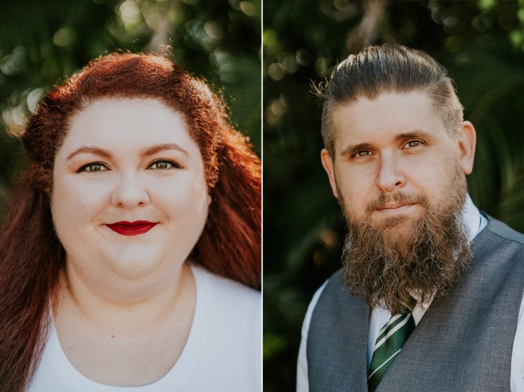Bridal portrait headshots of redhead bride with red lips and groom with beard and Slytherin tie