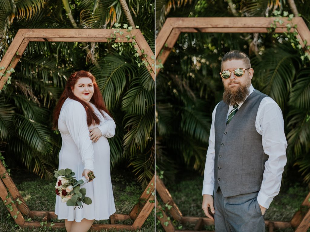 Three quarter length portrait of redhead bride and groom wearing sunglasses West Palm Beach FL backyard wedding