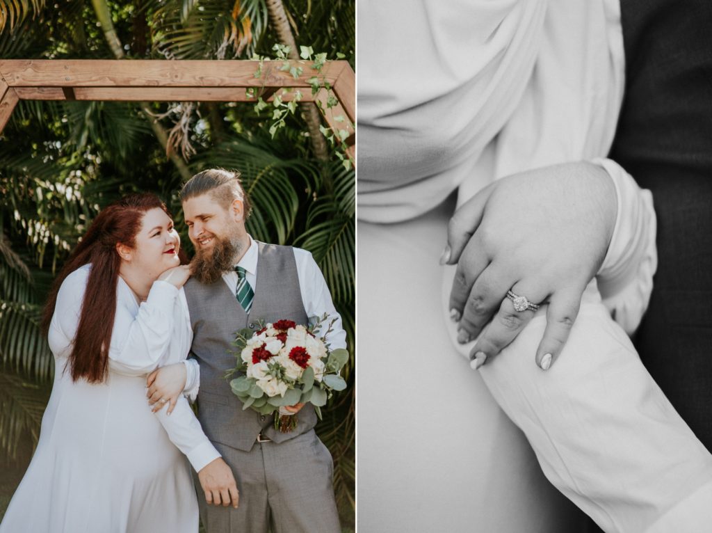 Redhead bride holds groom's arm in West Palm Beach Florida backyard wedding