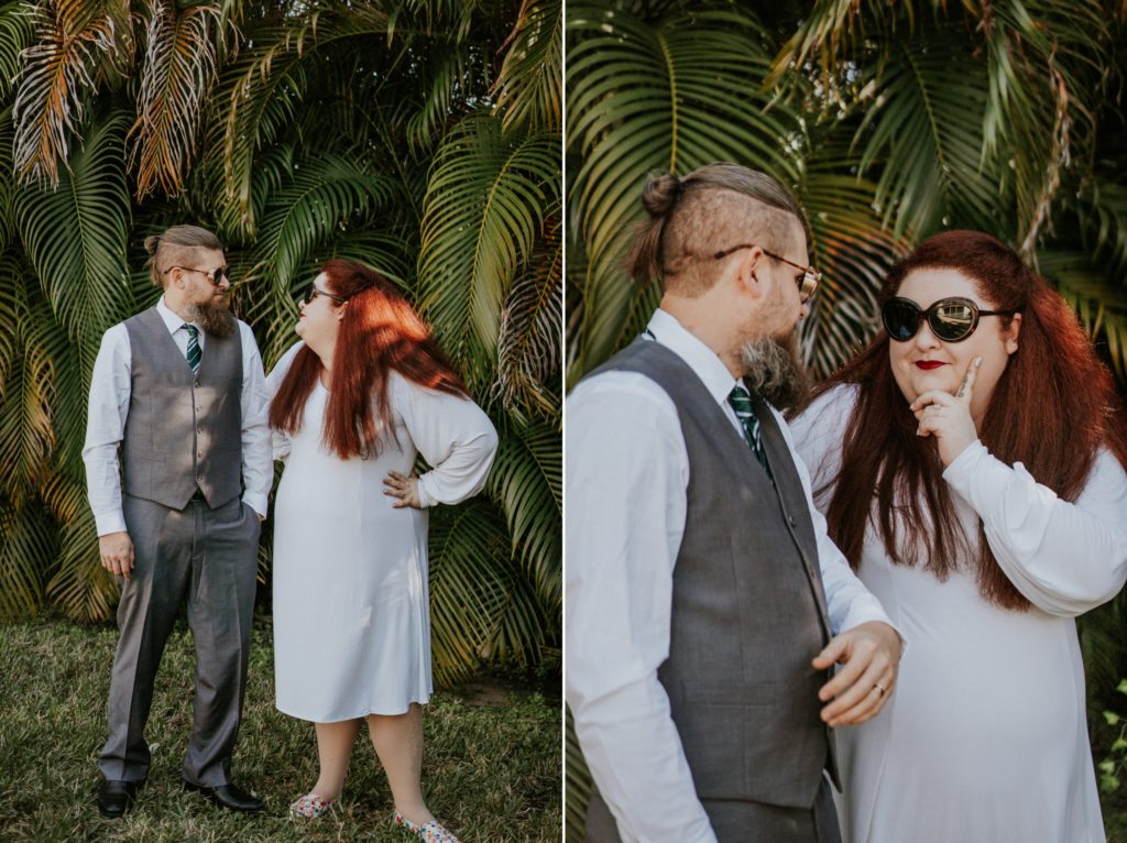 Bride and groom give sassy looks wearing sunglasses in West Palm Beach FL backyard wedding