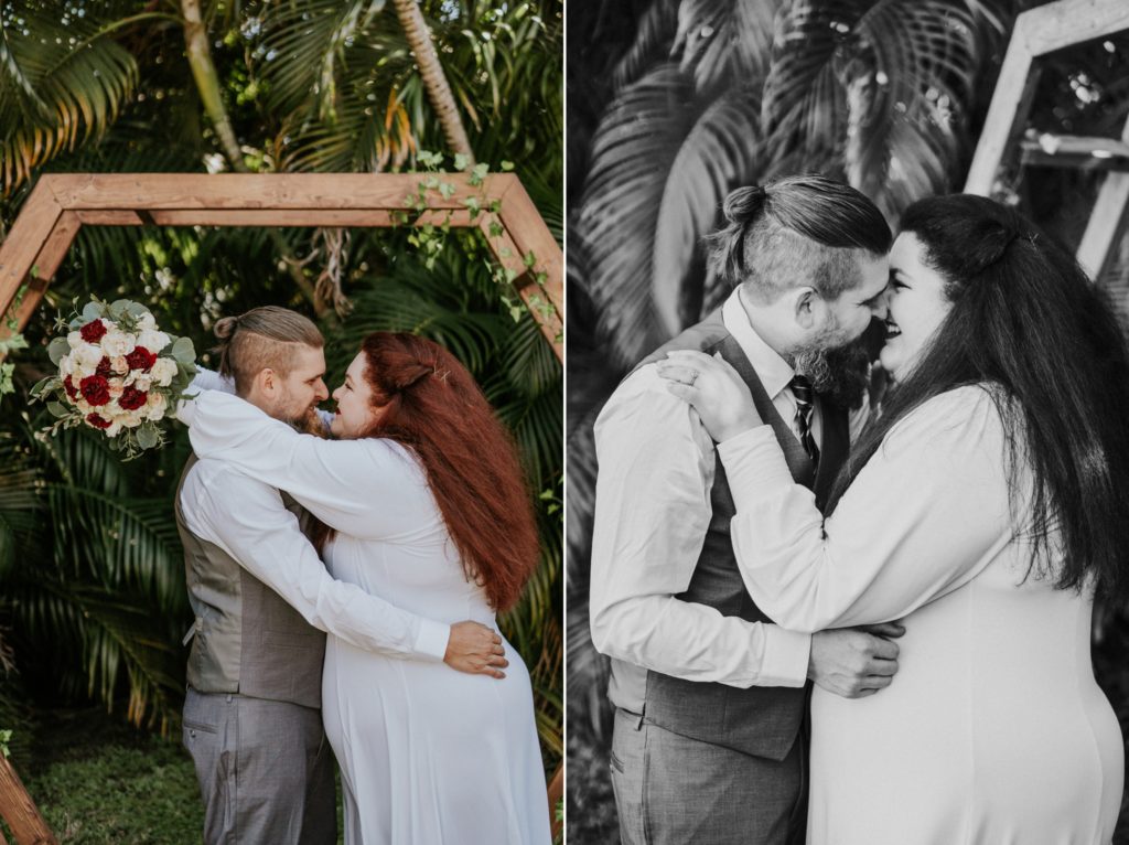 Redhead bride wraps arms around groom West Palm Beach FL backyard wedding