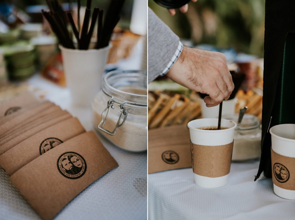 Backyard wedding self serve coffee station with custom coffee sleeves with portrait stamp