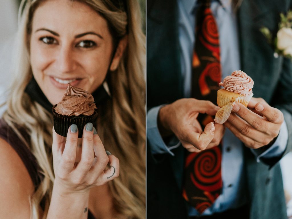 Guests hold chocolate and vanilla cupcakes for FL backyard wedding dessert