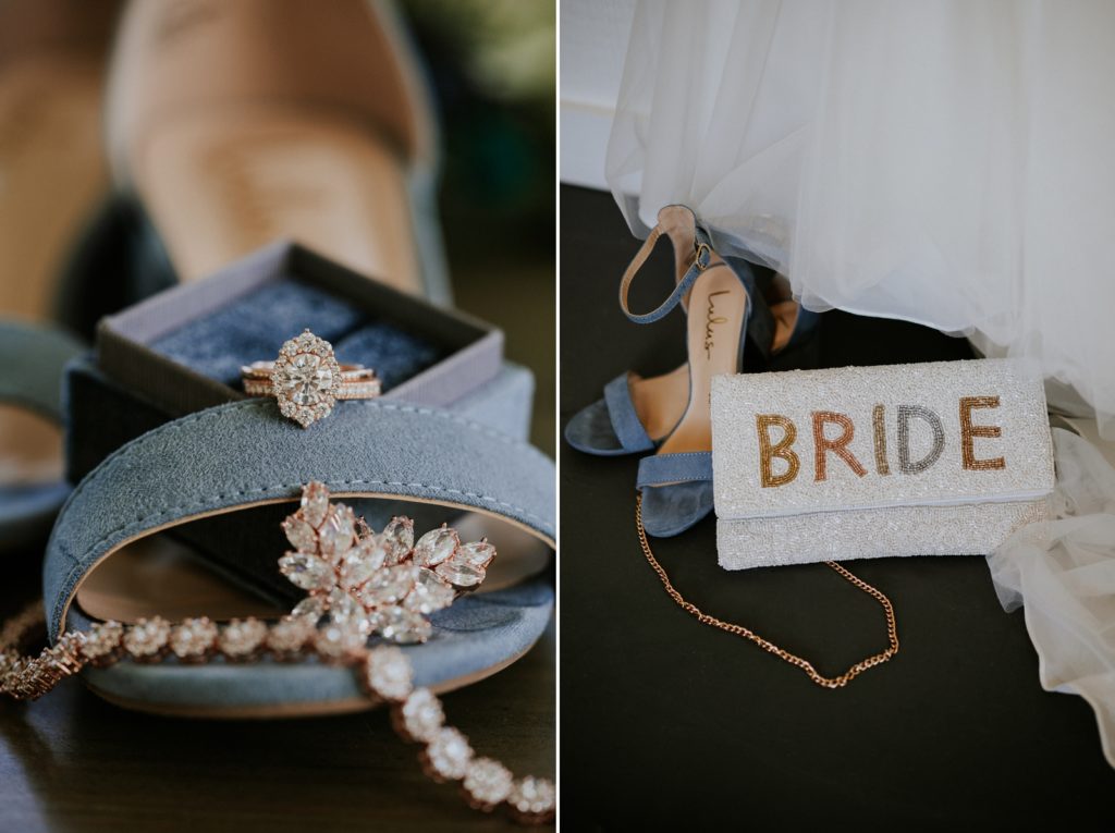 Dusty blue wedding heels with bridal jewelry and white beaded bride bag