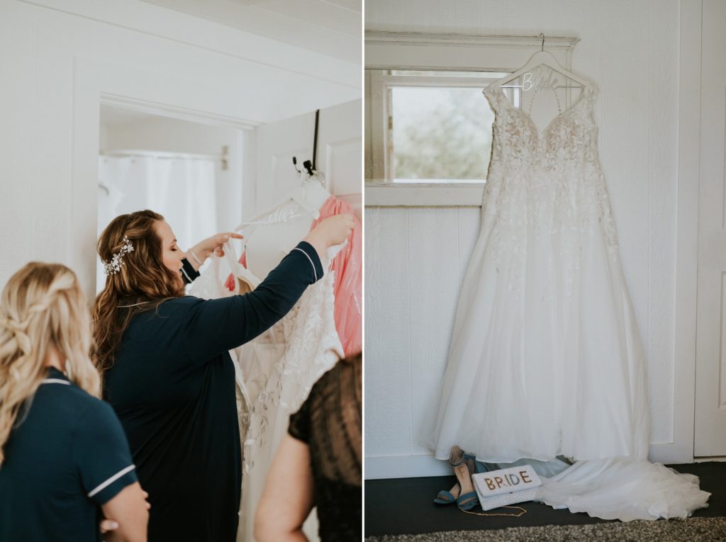 Bride takes Stella York wedding dress off hanger