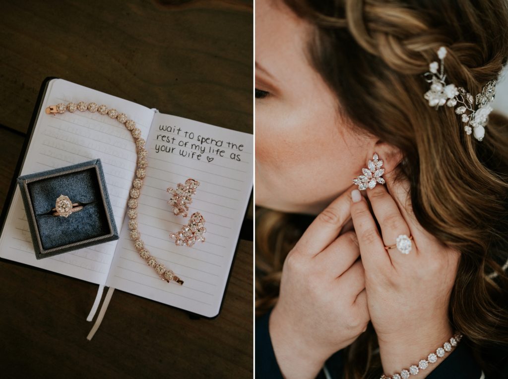 Ring box and bridal jewelry on top of bride's diary entry