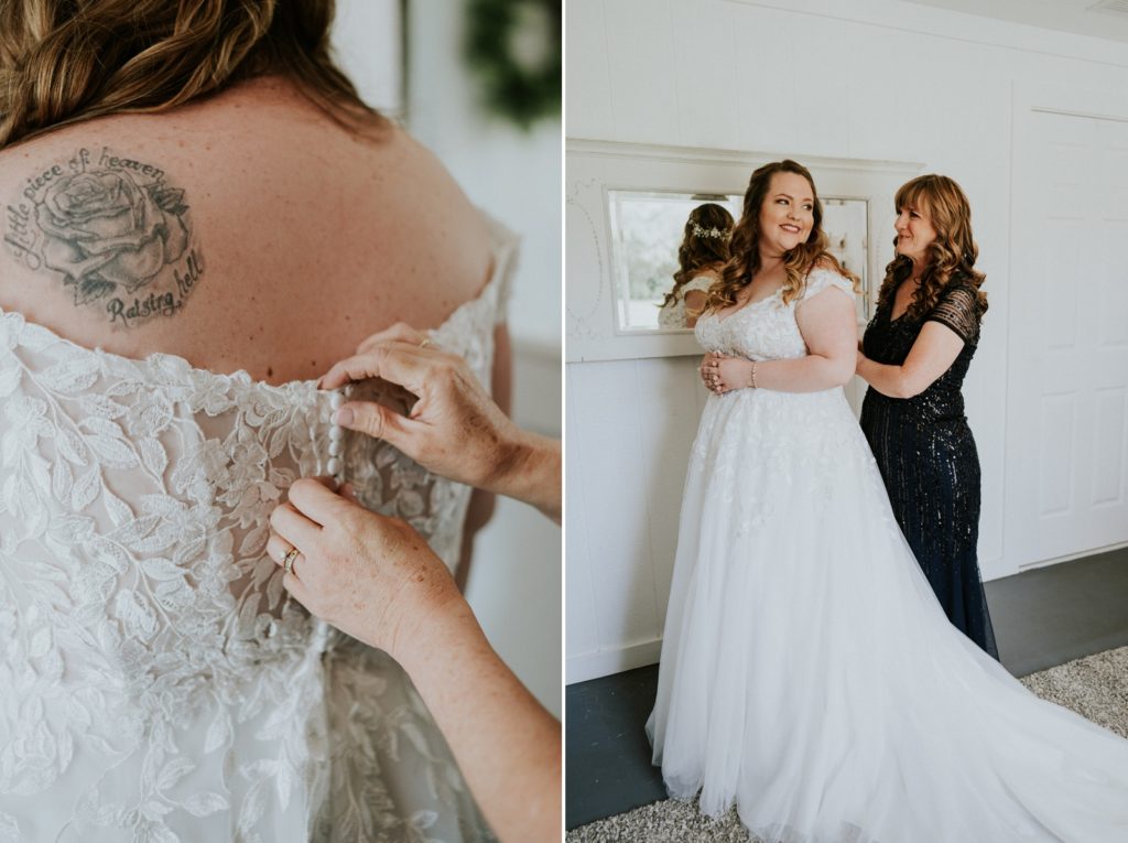 Mom buttons bride's Stella York wedding dress showing shoulder tattoo in Cattleya Chapel bridal suite FL
