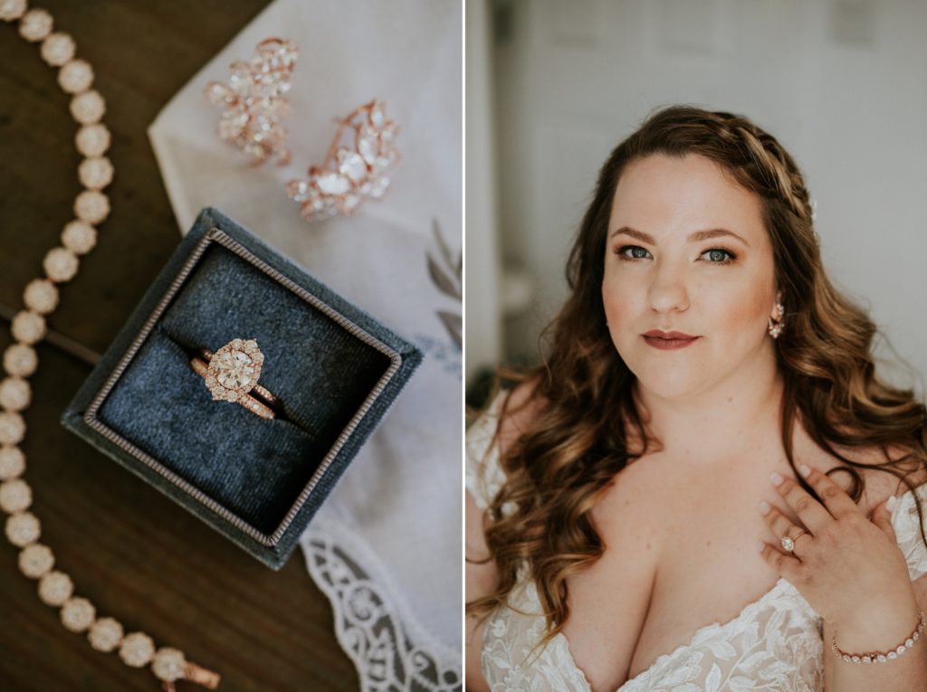 Dusty blue ring box and bridal portrait showing wedding makeup