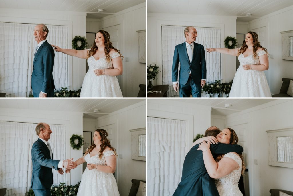 Father daughter first look reaction in bridal suite Cattleya Chapel FL wedding photography