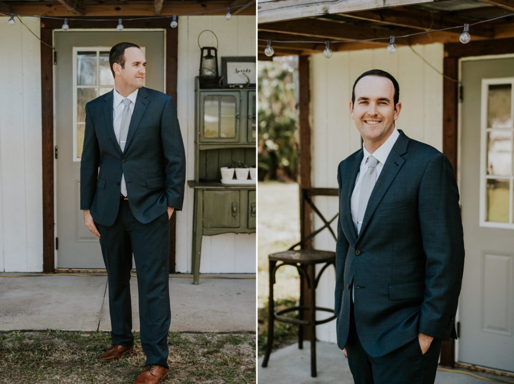 Groom wearing blue Jos. A. Bank suit