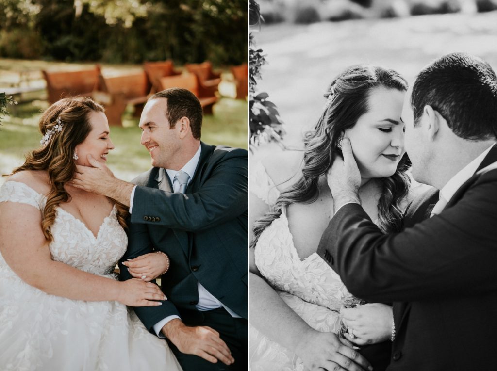 Romantic wedding photo of groom caressing bride's face