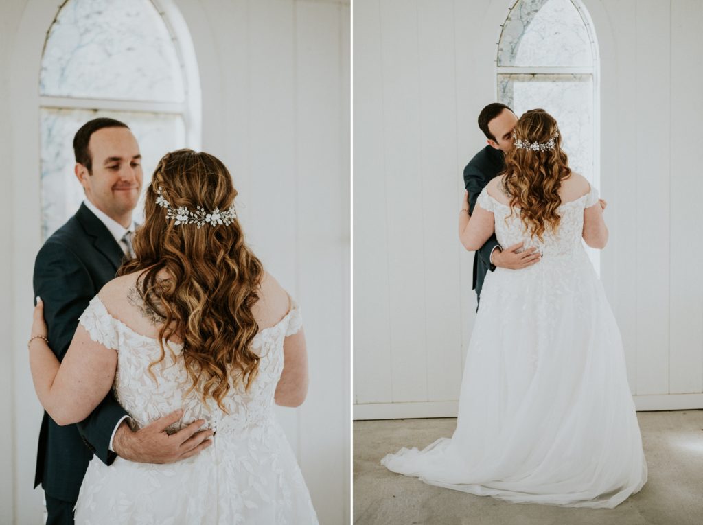 Detail of bride's hair and back of dress in white FL wedding barn