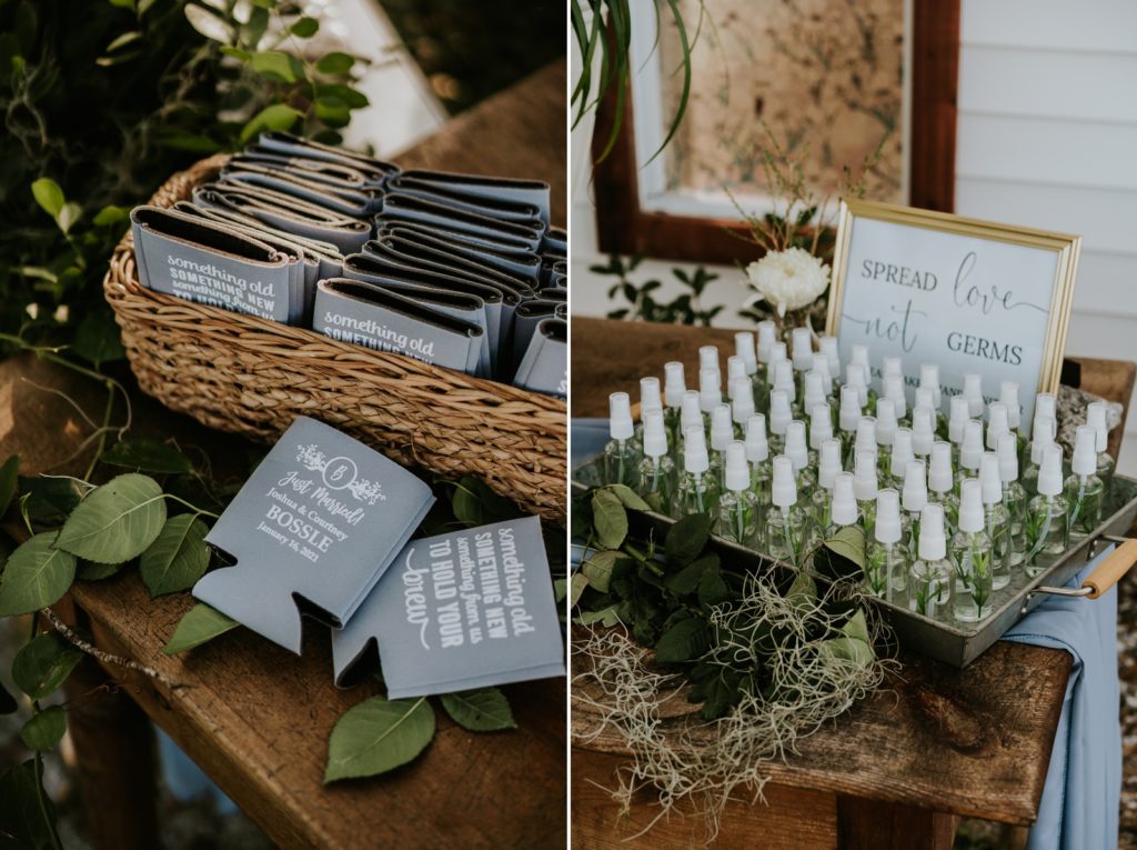 Custom dusty blue wedding doozies and hand sanitizer at Cattleya Chapel Florida rustic wedding