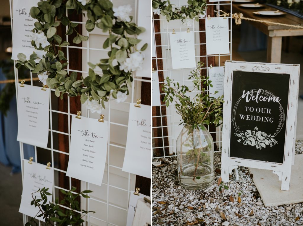 Wire frame greenery seating chart and chalkboard welcome sign FL wedding photography