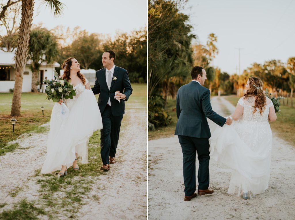 Bride and groom walk along dirt road at sunset Florida wedding photography