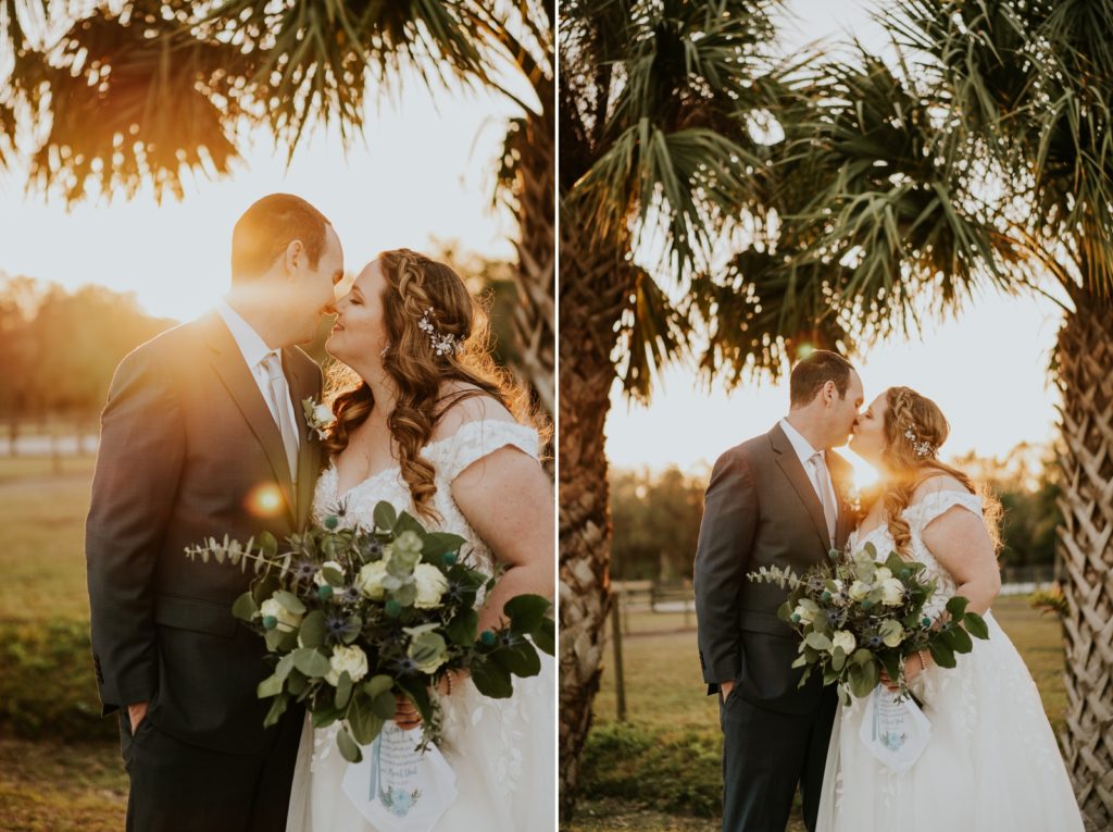 Bride and groom kiss at sunset under palm tree Florida elopement photography