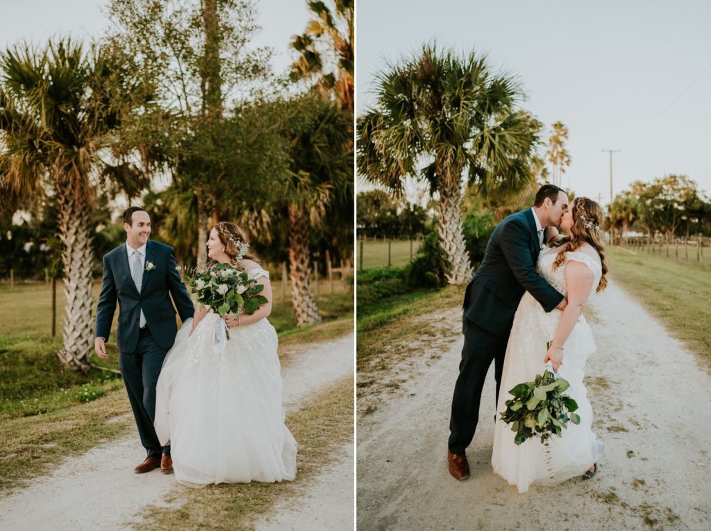 Romantic kiss of couple on dirt road with palm trees Stuart FL elopement photography