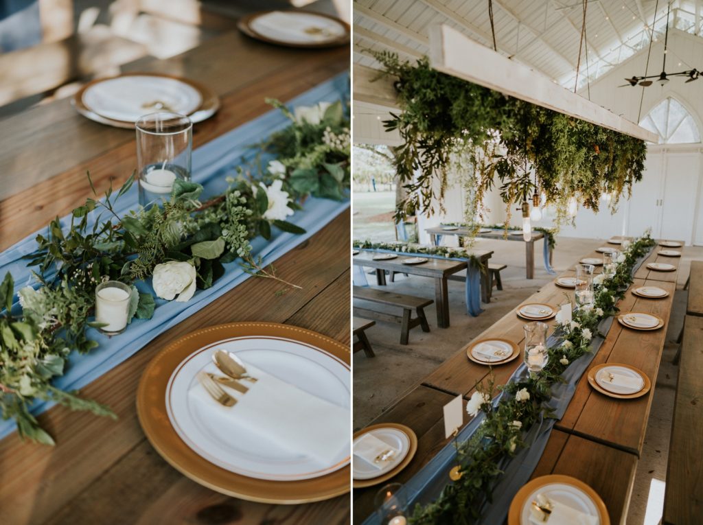 Dusty blue, white, gold, and greenery wedding reception details