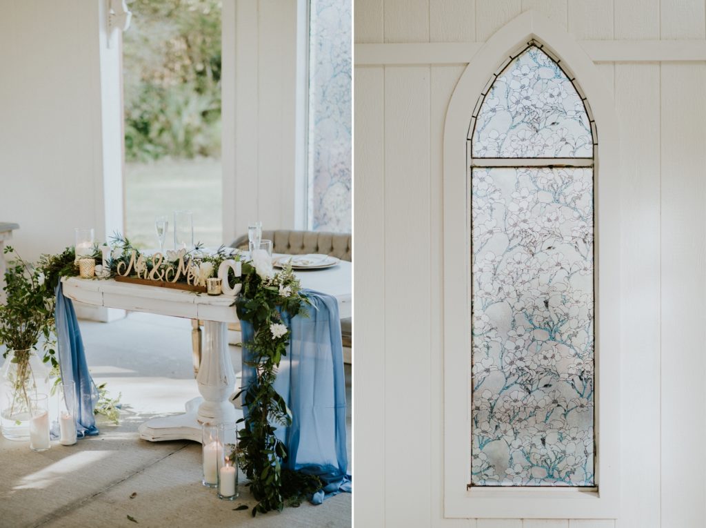 Sweetheart table and stained glass window at Cattleya Chapel Vero Beach FL