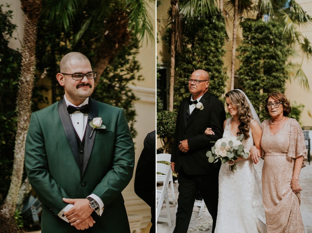 Benvenuto wedding ceremony groom sees bride first time aisle reveal walking down aisle with both parents
