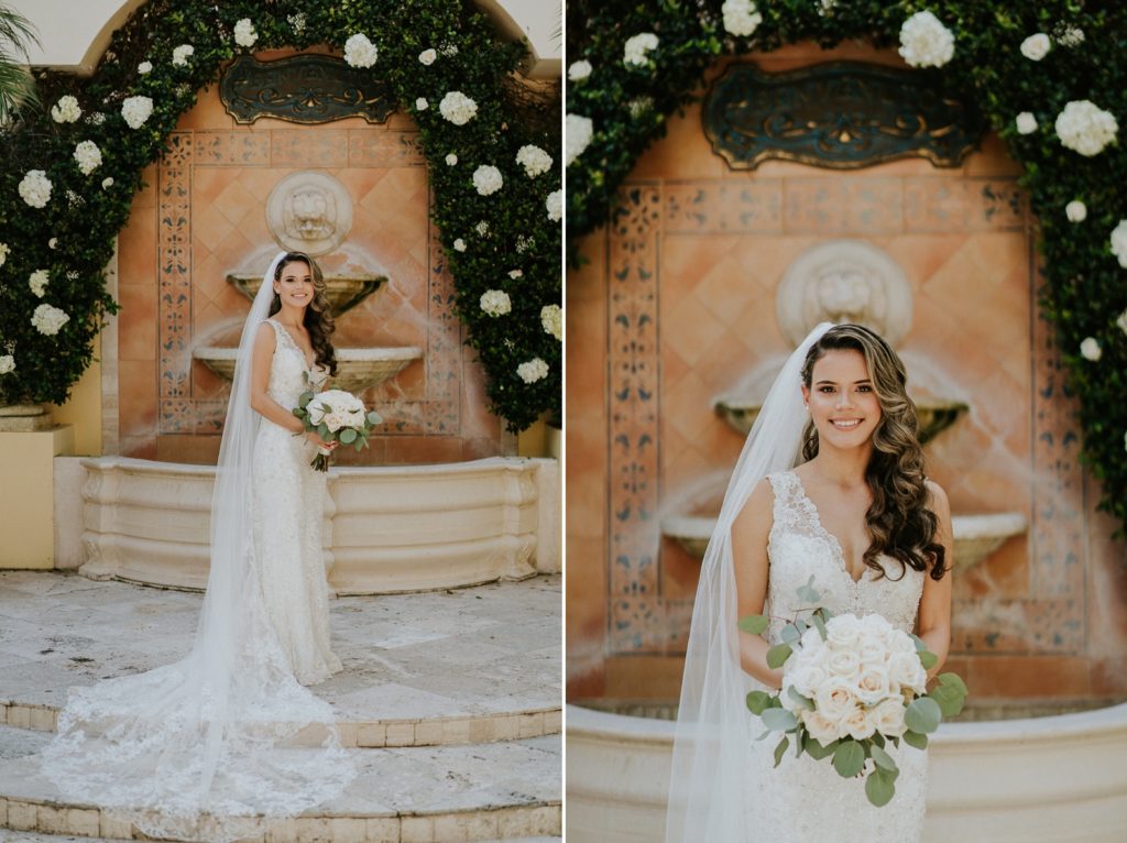 Benvenuto wedding bridal portrait lace wedding dress and cathedral veil
