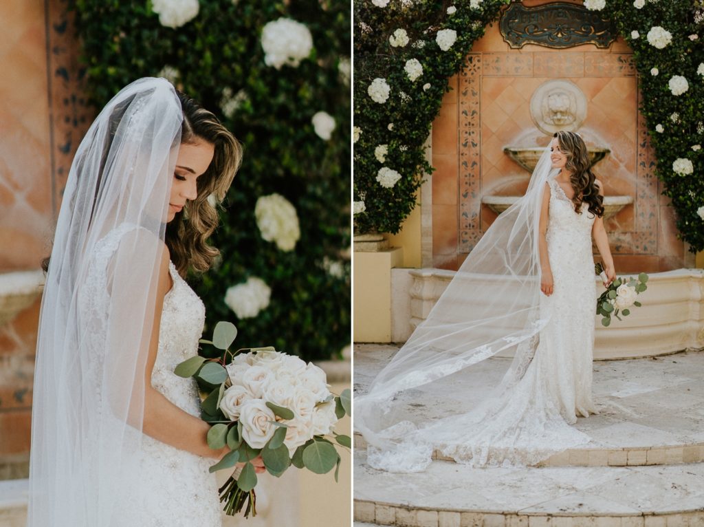 Benvenuto wedding bridal portrait lace cathedral veil blowing in wind