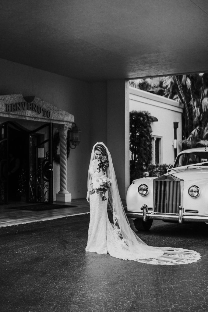 Benvenuto restaurant wedding bridal portrait with Rolls Royce classic car