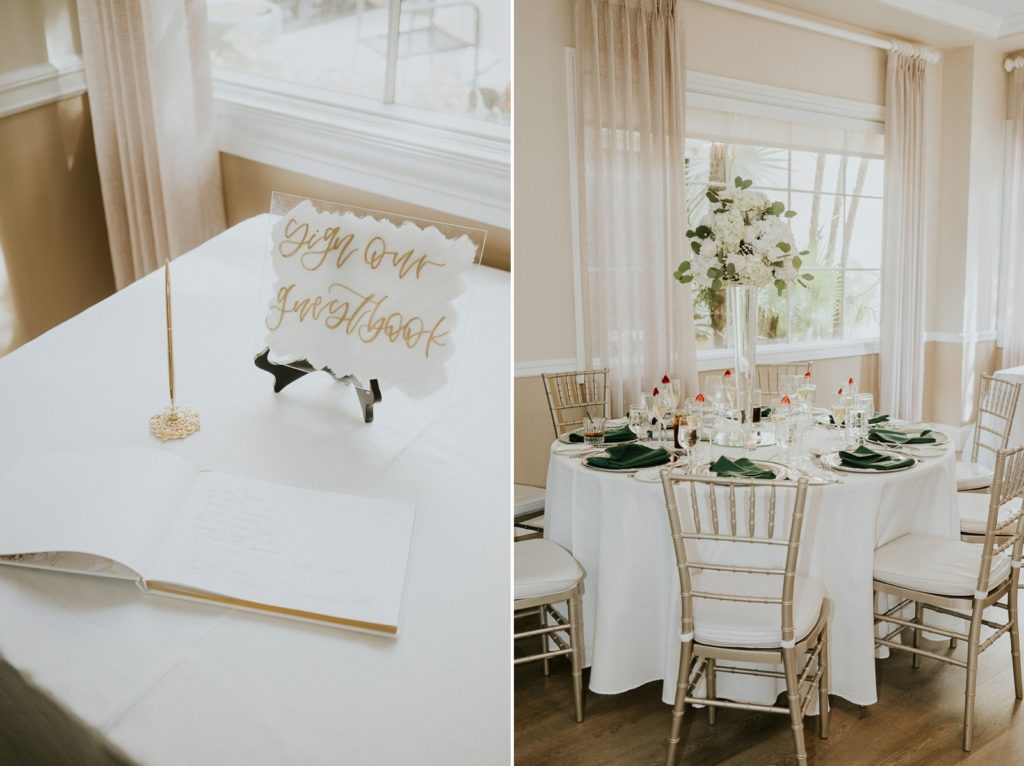 Benvenuto Boynton Beach restaurant wedding reception details with table decor and guest book