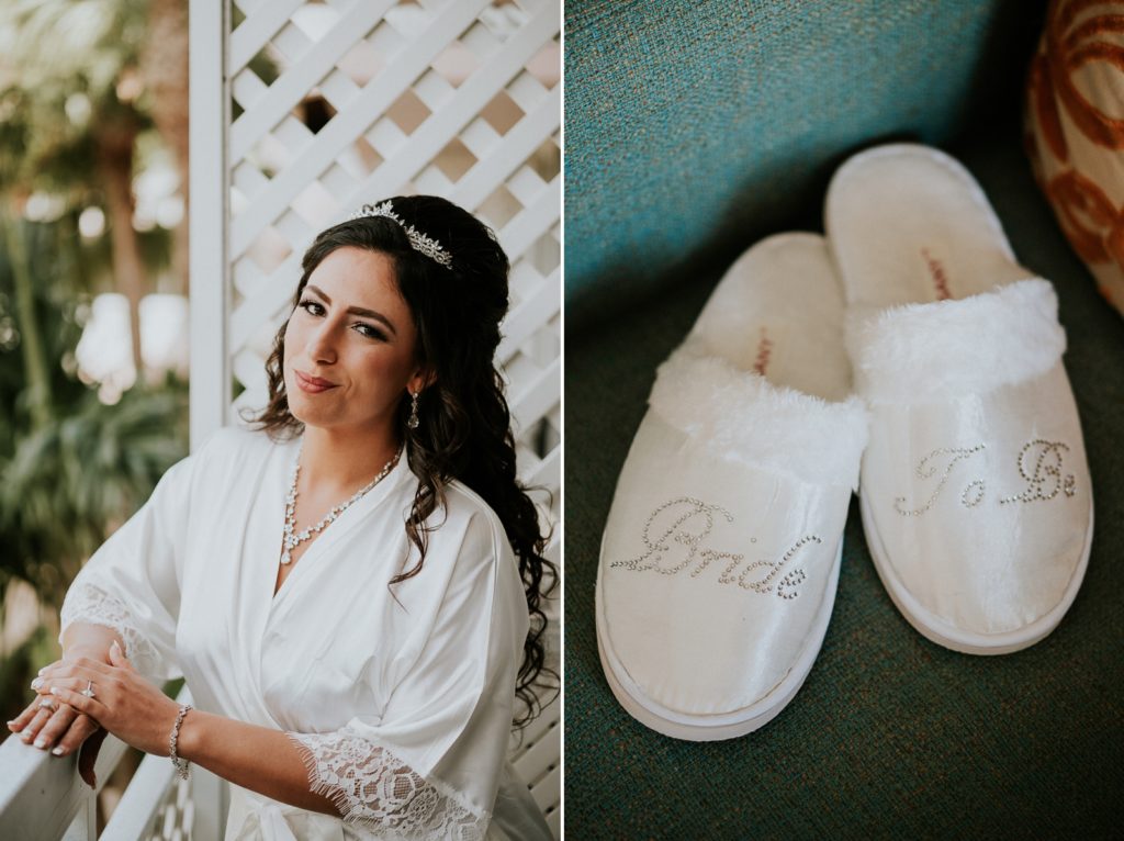 Hutchinson Island FL wedding bride in robe with embroidered slippers