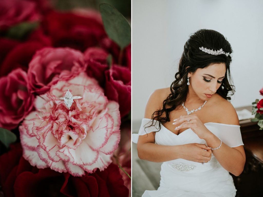Stuart FL wedding photography pink rose bouquet with engagement ring in carnation next to bride putting on bracelet
