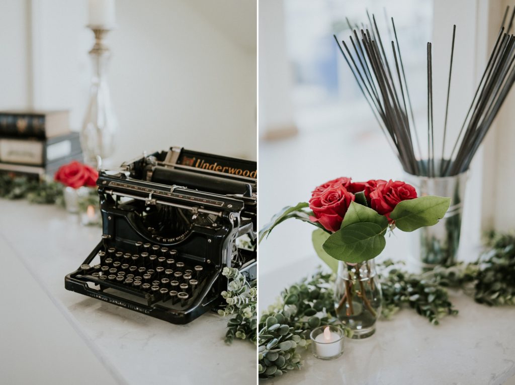 Florida wedding details with vintage typewriter, pink roses, and sparklers