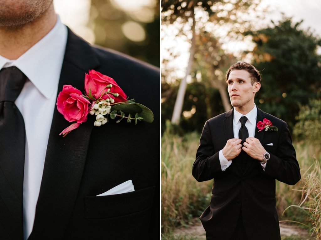 Jensen Beach FL wedding photography groom portrait with pink rose boutonnière