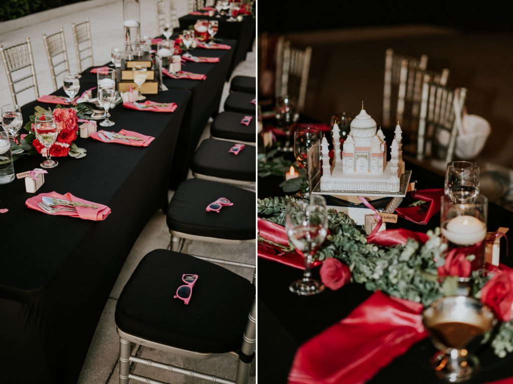 Tuckahoe Mansion wedding reception travel theme black and pink decor