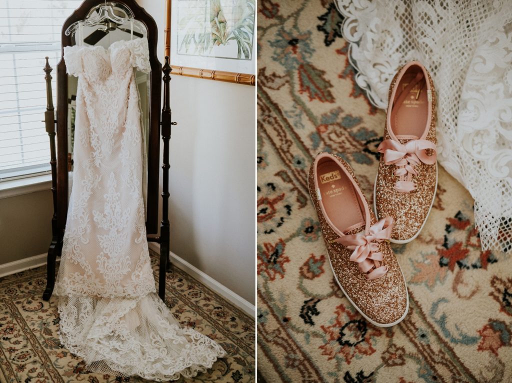 Kai Kai Farm bridal suite with lace wedding dress hanging on mirror next to Keds X Kate Spade rose gold glitter sneakers