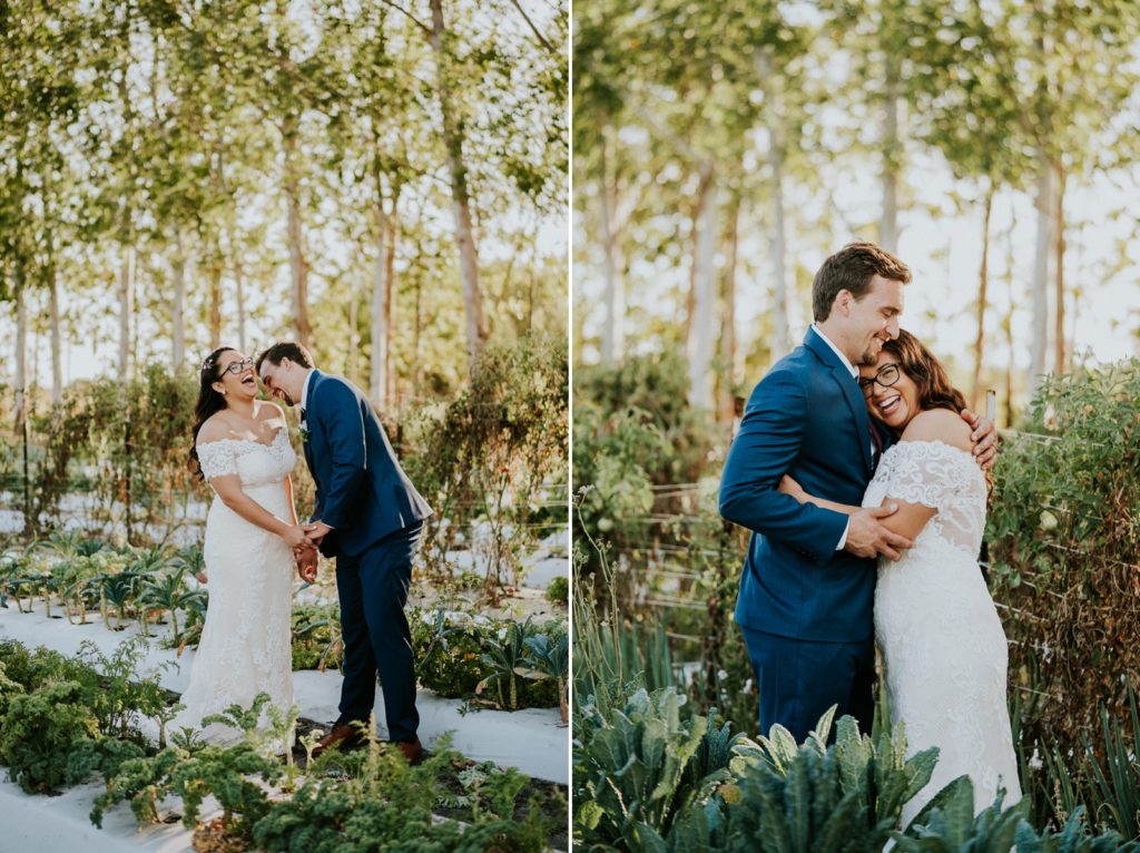 Kai Kai Farm wedding Stuart FL bride and groom laugh and hug in greenery