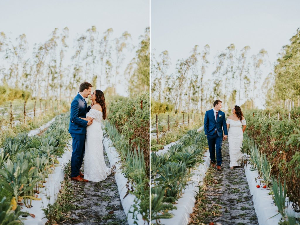 Kai Kai Farm wedding Stuart FL bride and groom walk in greenery