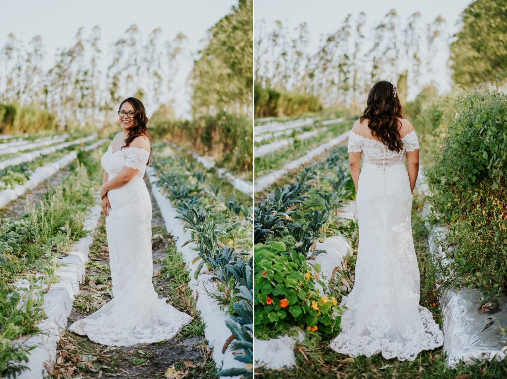 Kai Kai Farm wedding Stuart FL bridal portrait in lace dress in greenery field