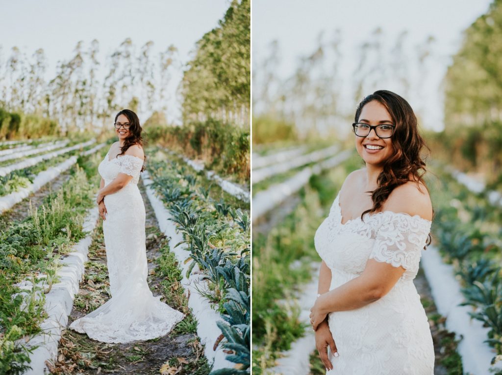 Kai Kai Farm wedding Stuart FL bridal portrait in lace dress in greenery field