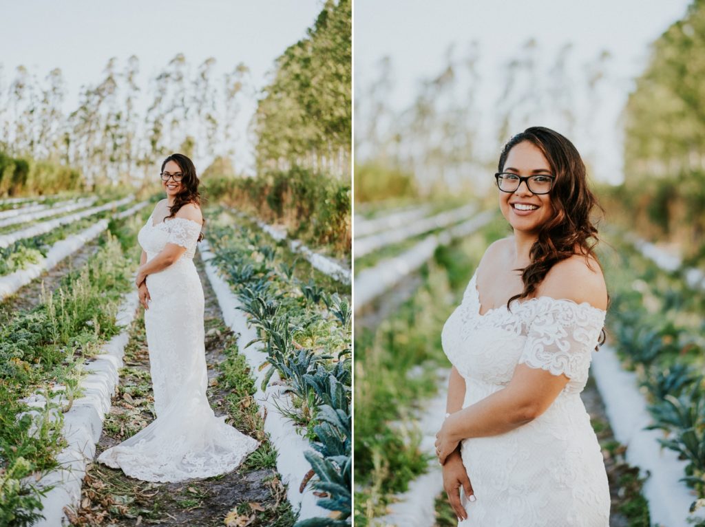 Kai Kai Farm wedding Stuart FL bridal portrait in lace dress in greenery field