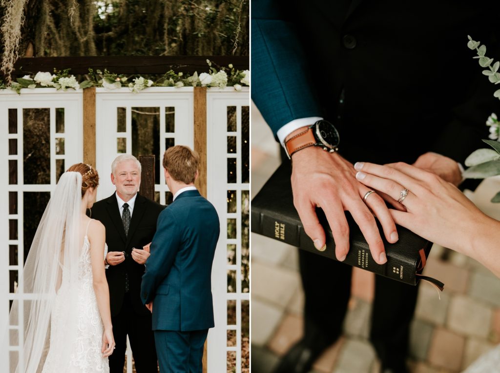 Officiant marries bride and groom and places hands showing upon black bible