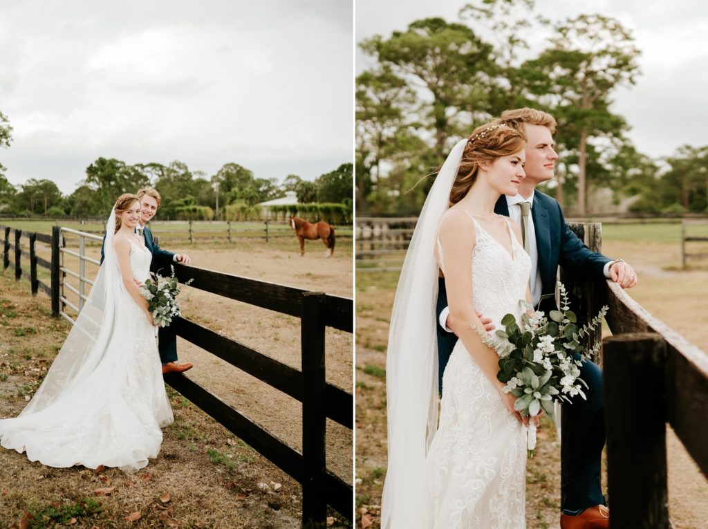 Wedding couple look over fence at horse at Ever After Farms Ranch wedding