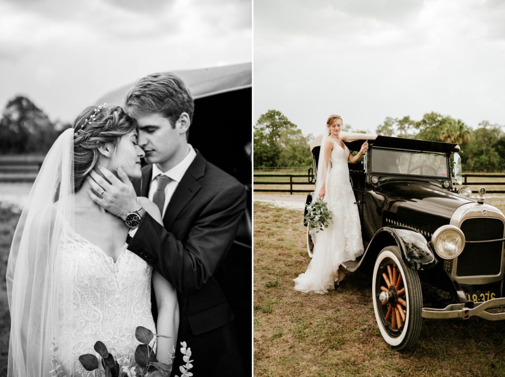 Groom caresses bride and she steps onto black classic car at Florida farm wedding