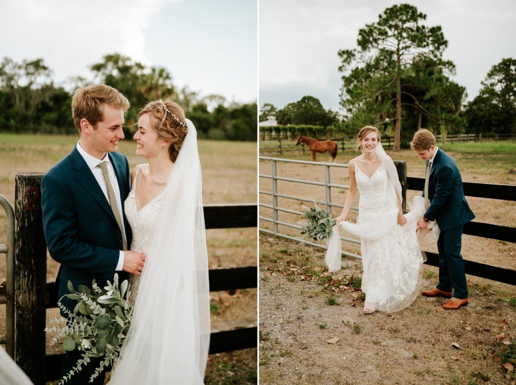 Bride and groom laugh by rustic farm fence at Ever After Farms Ranch wedding with horse in background