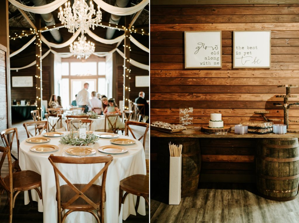 Rustic wood Ever After Farms Ranch wedding reception with chandelier and fairy lights