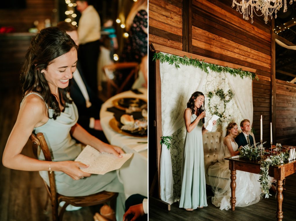 Maid of honor reads speech at wedding reception
