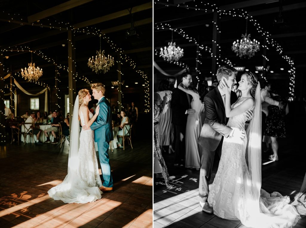 Bride and groom romantic first dance at Ever After Farms Ranch wedding reception