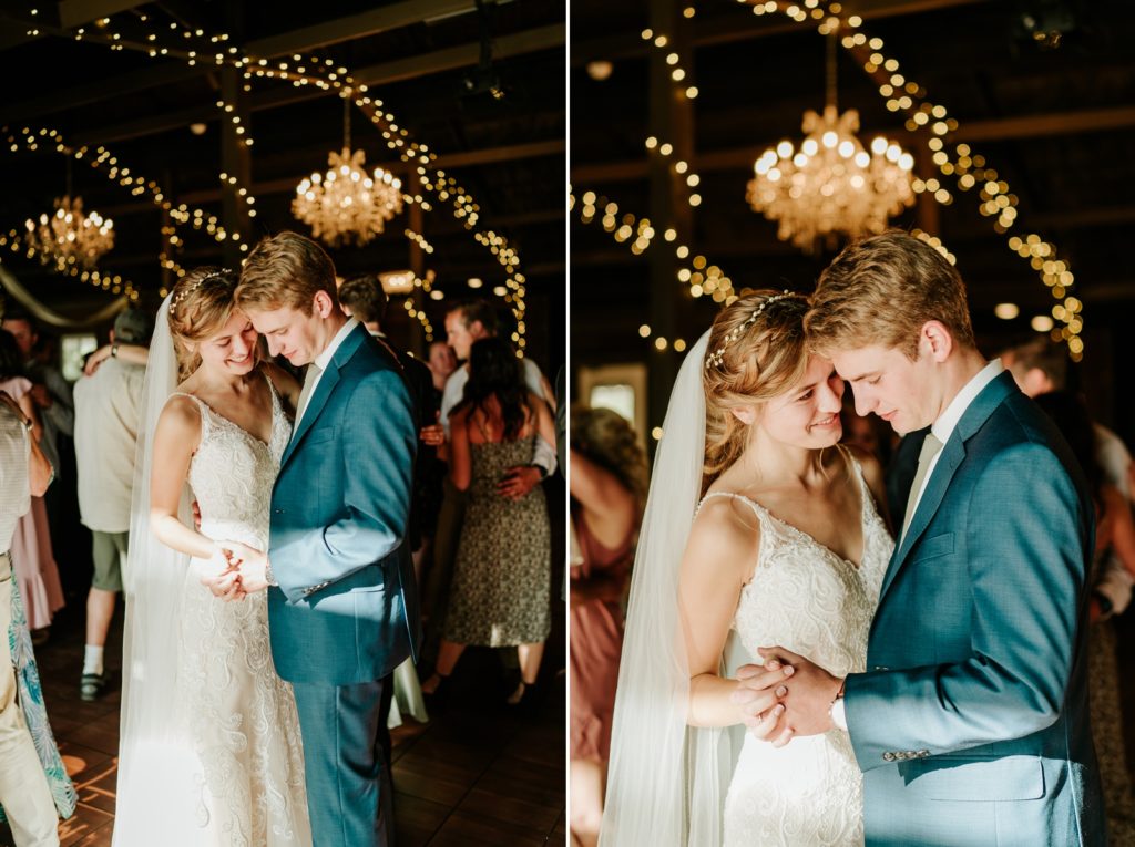 Bride and Groom dance while holding hands in Ever After Farms Ranch wedding reception