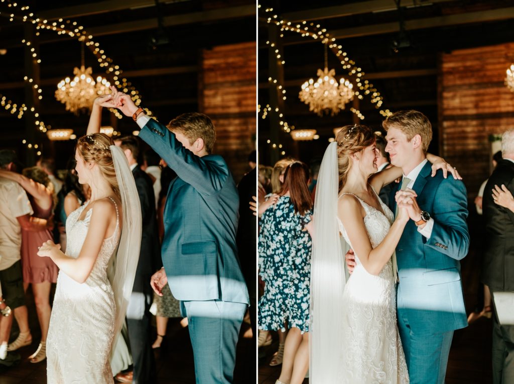 Groom twirls bride at Ever After Farms Ranch wedding reception