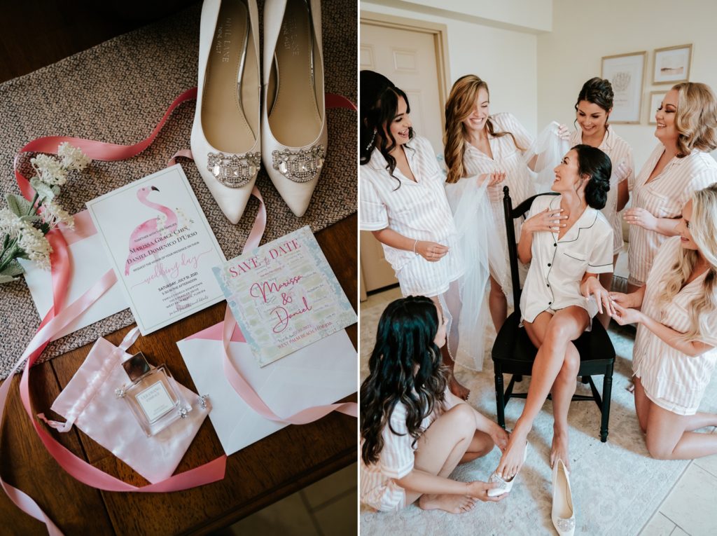 Wedding details flat lay next to bride and bridesmaids in pink and white robes getting ready