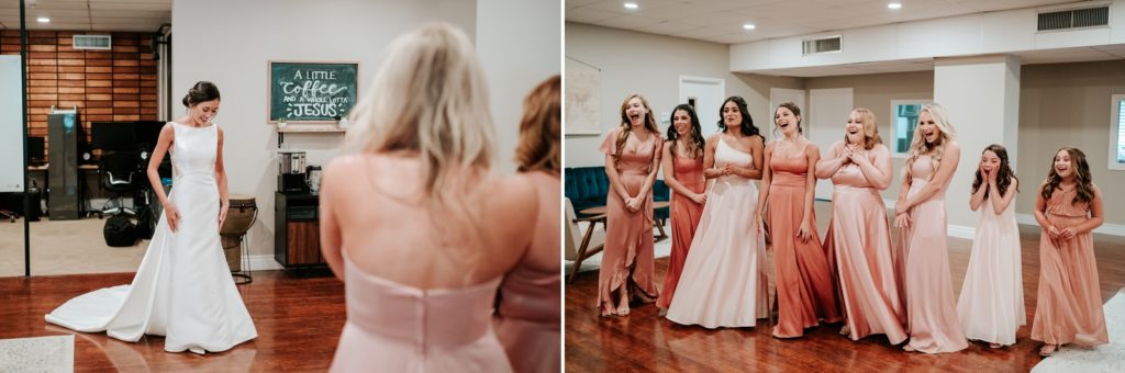Bridesmaids react to bride wedding dress reveal